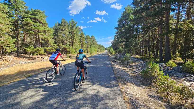 Cicloturistas recorriendo una ruta por un entorno rural y forestal